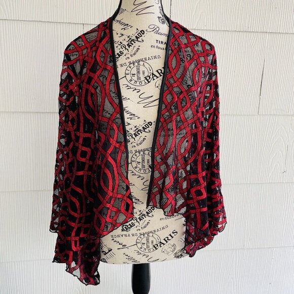 Boho Red & Black Sheer Knit Tunic Shawl Cover Sleeved - Womens Size Small (J6) - Picture 1 of 10